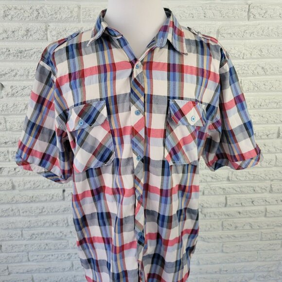 Brooklyn State Men Shirt 4XL Short Sleeve Button Up Casual Blue Red PLA51E - Picture 3 of 8